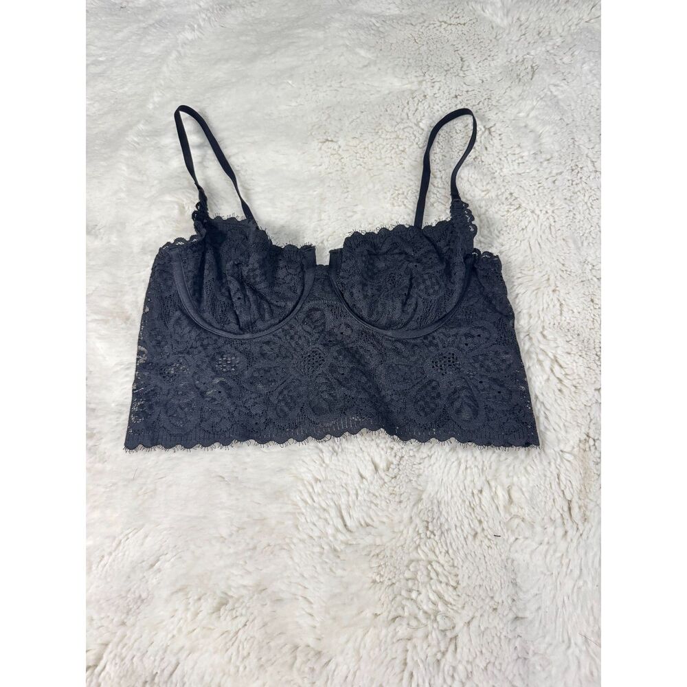Aerie Black Lace Balconette Bra 34C Underwire Floral Scalloped Trim